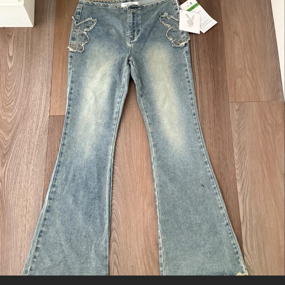 PLAYBOY Light Wash Flare Jeans with Distressed Bunny Trim